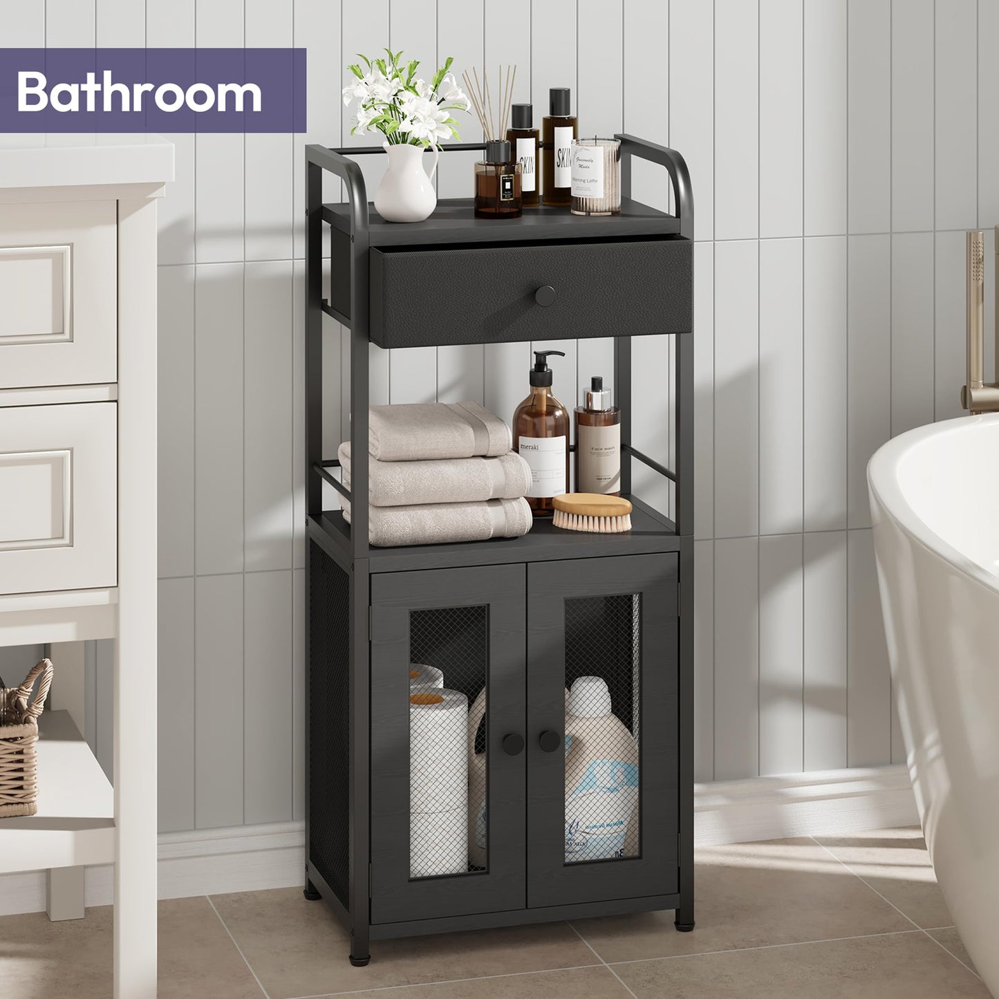 SWTYMIKI 14.57"x32.28" Bathroom Storage Cabinet – Freestanding Toilet Paper Storage with Doors & Drawer, Bathroom Organizers and Storage for Small Spaces, Laundry Room, Ideal for Towels, Black