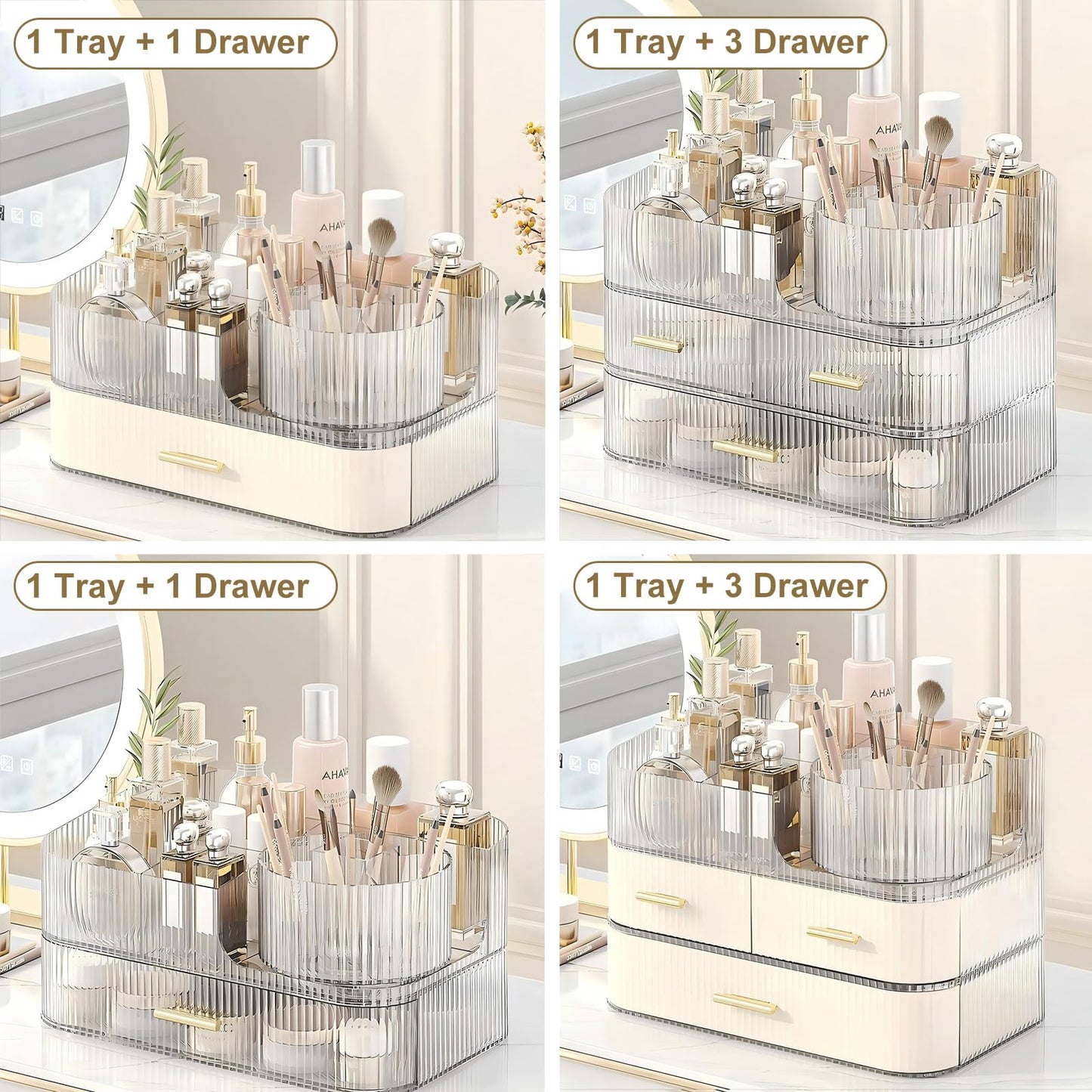 DASITON Makeup Organizer with Drawers and Rotating Makeup Brush Holder,Large Capacity Stackable Cosmetic Organizer Countertop,Bathroom Organizers and Storage,Make up Organizers for Vanity (Clear 03)