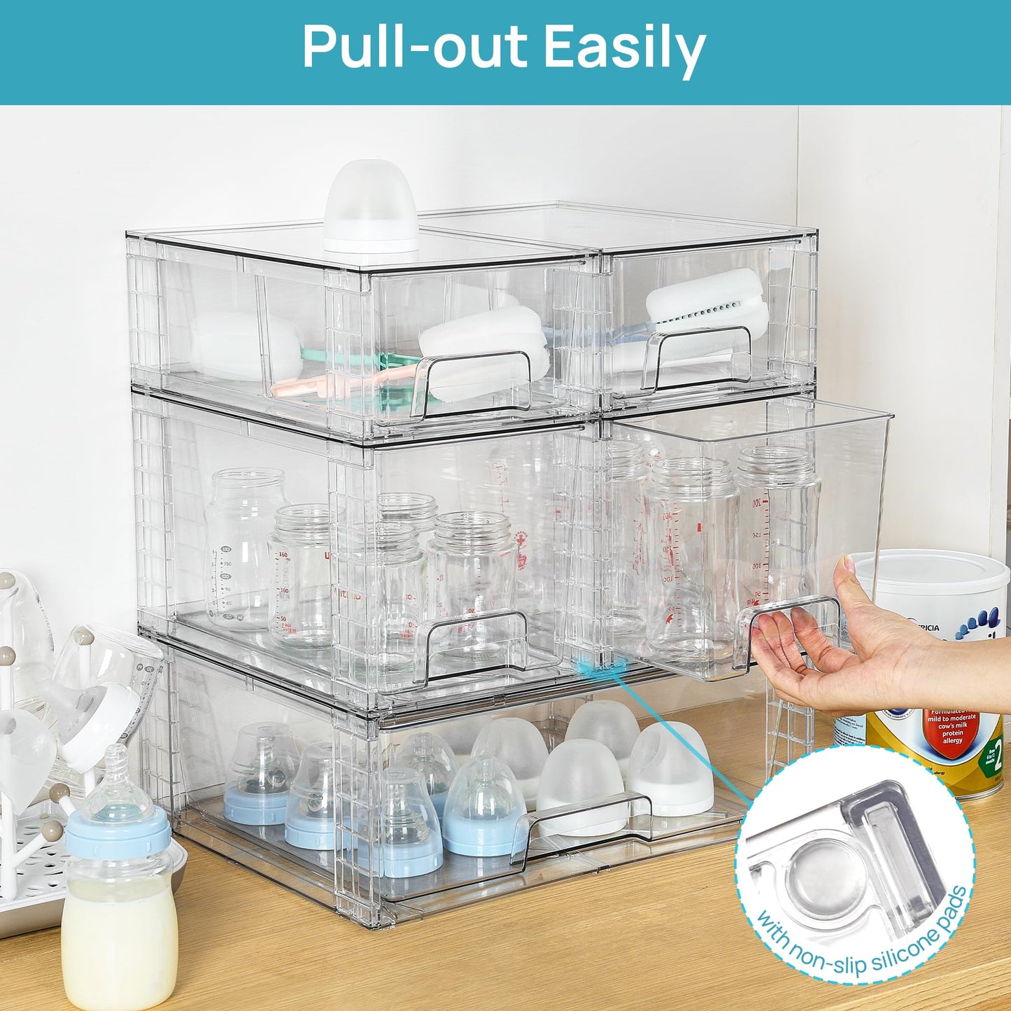 Vtopmart Clear Stackable Storage Drawers Set of 5, Easily Assemble Acrylic Bathroom Undersink Organizers,Plastic Storage Bins for Closet,Cabinet,Pantry,Medicine Organization