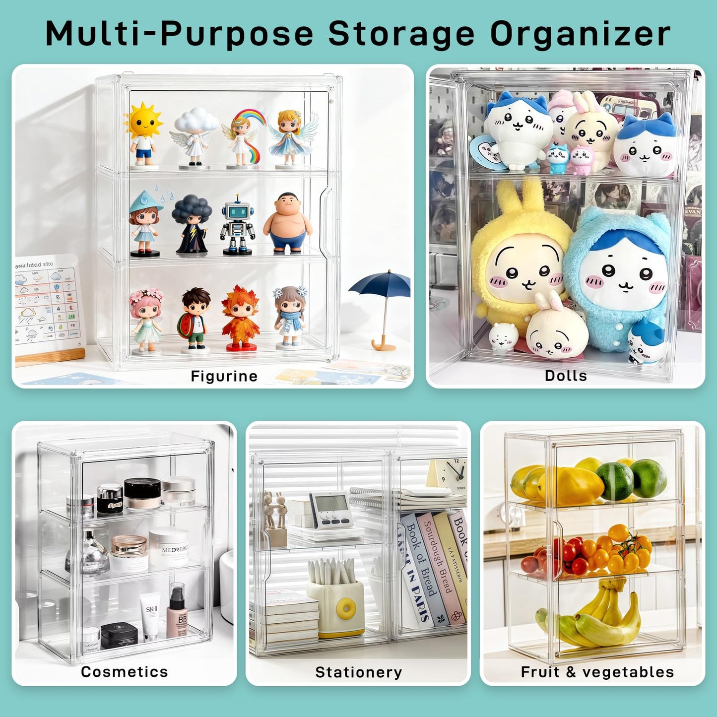 3 Tier Acrylic Display Case for Figures, Stackable Clear Storage Organizer Box with Magnetic Door & Adjustable Shelves for Collectibles, Action Figures & Miniatures, Wall-Mounted or Desktop Showcase