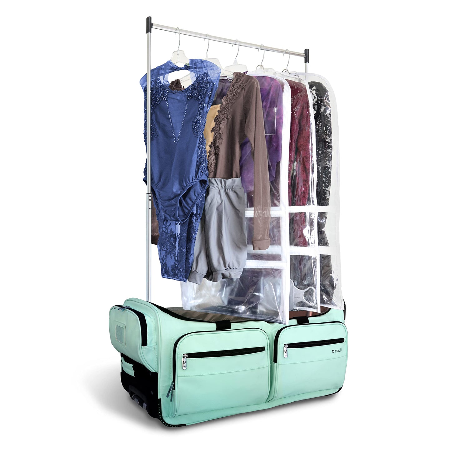 Mavii Dance Bag with Garment Rack, 28 Inch Rolling Duffel, Ideal for Competitions & Travel, Water-resistant/Wipe-clean Fabric, Lightweight Aluminum Rack, Wheeled Upright Luggage, Mint
