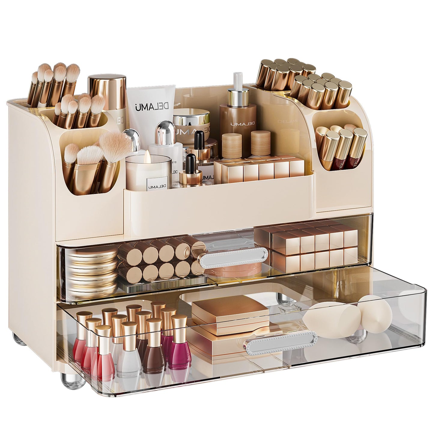 Delamu Large Makeup Organizer Countertop with 6 Brush Holders, Makeup Organizers for Vanity with 2 Large Drawers, Easy to Store Skincare, Lipsticks, Nail Polishes, Eyeshadow Palettes, Cream White