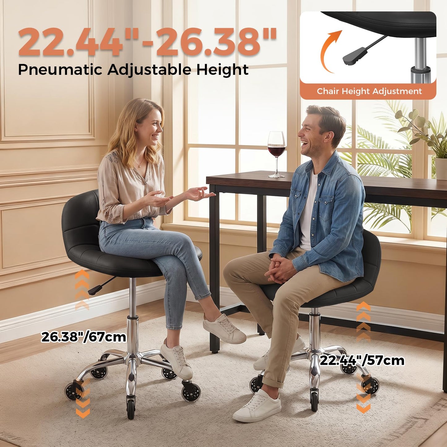 Rolling Stool Chair with Wheels, Height Adjustable Stool with Back Support, Office Drafting Chair with PU Leather Cushion for Home Office Kitchen Vanity Salon Garage Tattoo Dentist Esthetician(Black)