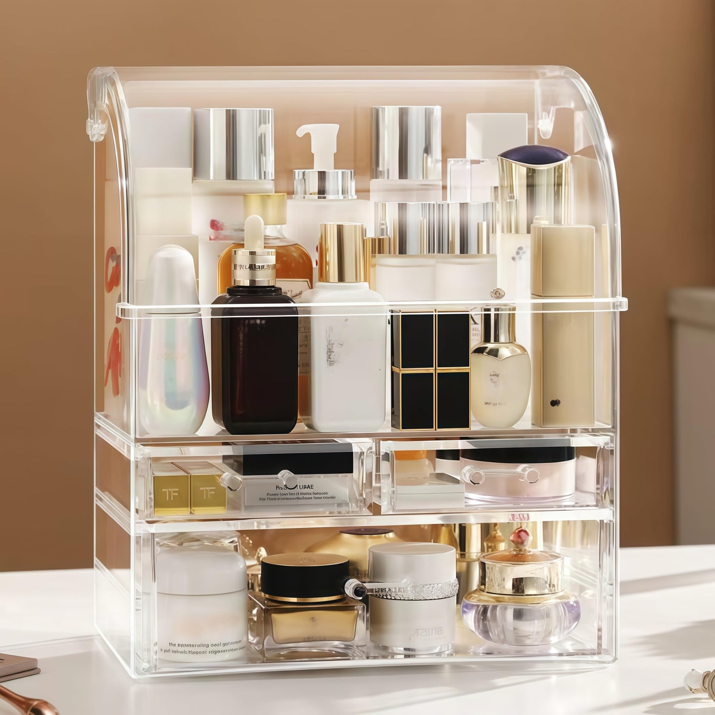UShioart Clear Large Acrylic Makeup Organizer With Lid Cosmetic Storage Drawers Portable Makeup Organizers Dustproof And Waterproof Box For Women