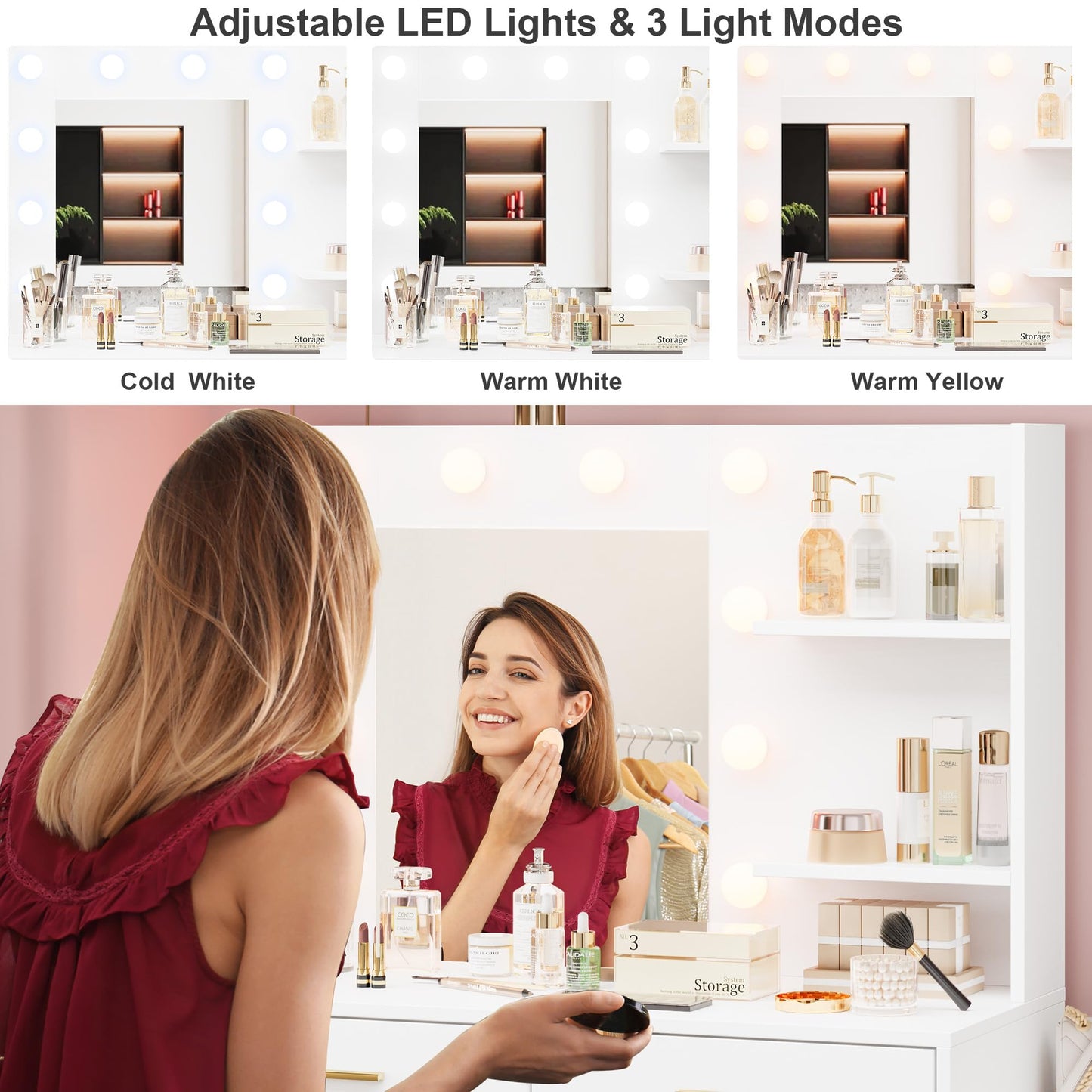 GarveeHome 61 in Make Up Vanity Desk with Mirror and Lights, White Vanity with 8 Wide Storage Drawers & 2 Tier Shelves, 3 Lighting Modes with Adjustable Brightness for Bedroom