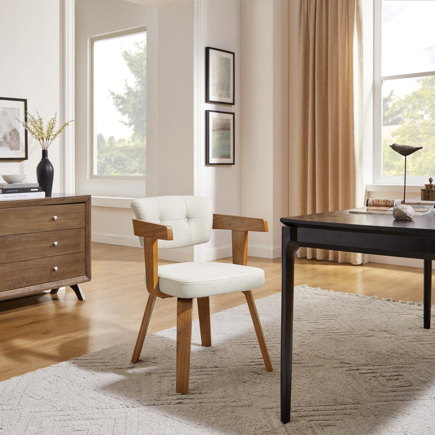 Art Leon Office Chair No Wheels - Mid Century Modern Desk Chair, Fabric Upholstered Accent Arm Chair with Wood Legs for Small Spaces Home Office Living Room Bedroom Study, Off White/Walnut