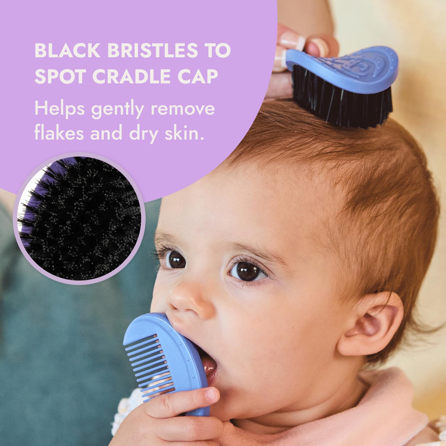 Ninabella Octo Baby Hair Brush with Comb for Newborn - Cradle Cap - No Drill Wall Holder Set - Soft Fine Black Bristles - From Birth to 18 Months - Azure Blue