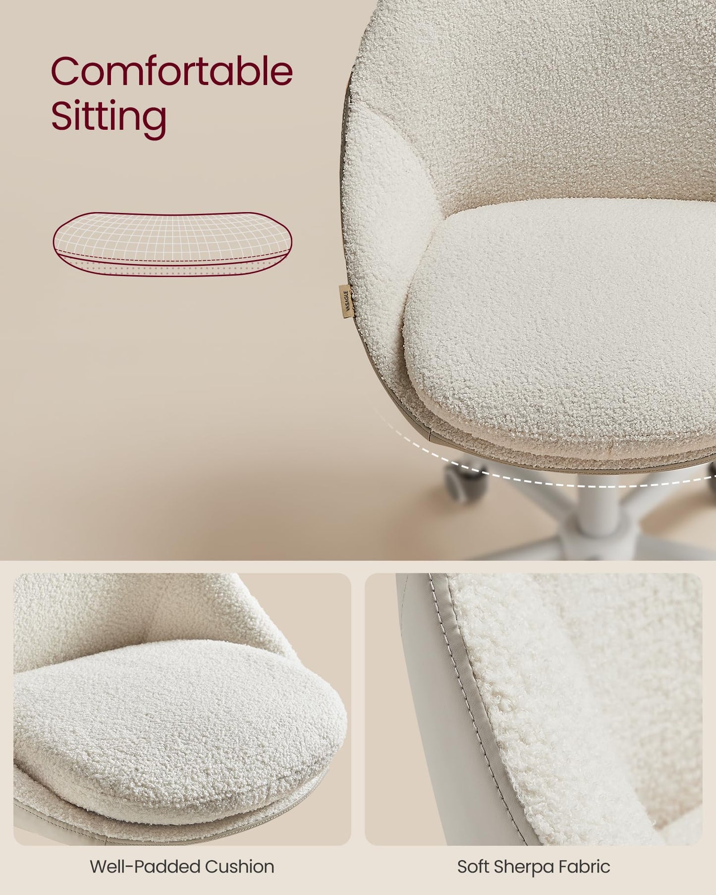 VASAGLE Vanity Chair with Back, Adjustable Swivel Cute Desk Chair with Wheels, Sherpa and PU Leather for Lumbar Support, Compact for Small Spaces, Bedroom, Cappuccino Beige and Cloud White UOBG020W91