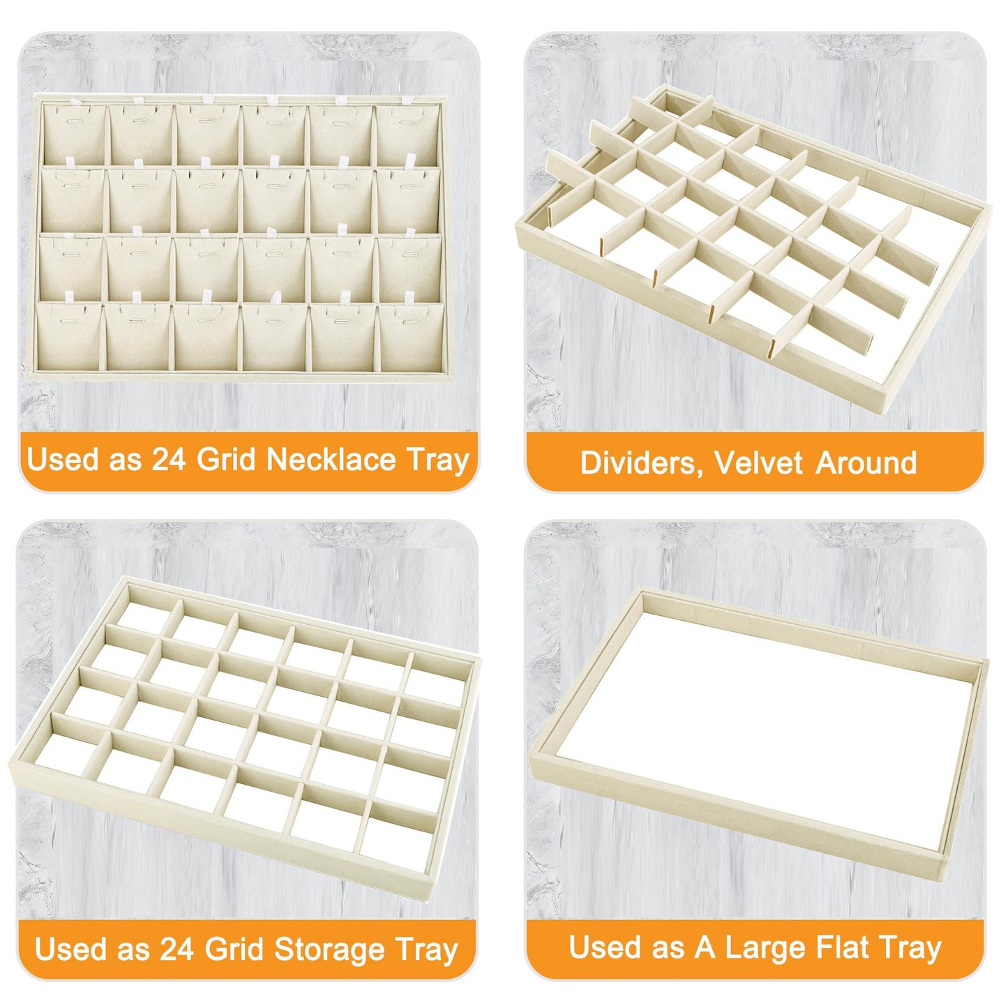Mornajina 24 Grids Stackable Jewelry Tray Organizer with Removable Dividers, Velvet Jewelry Display Tray for Earrings Necklaces Bracelet Rings Display Showcase - Light Khaki