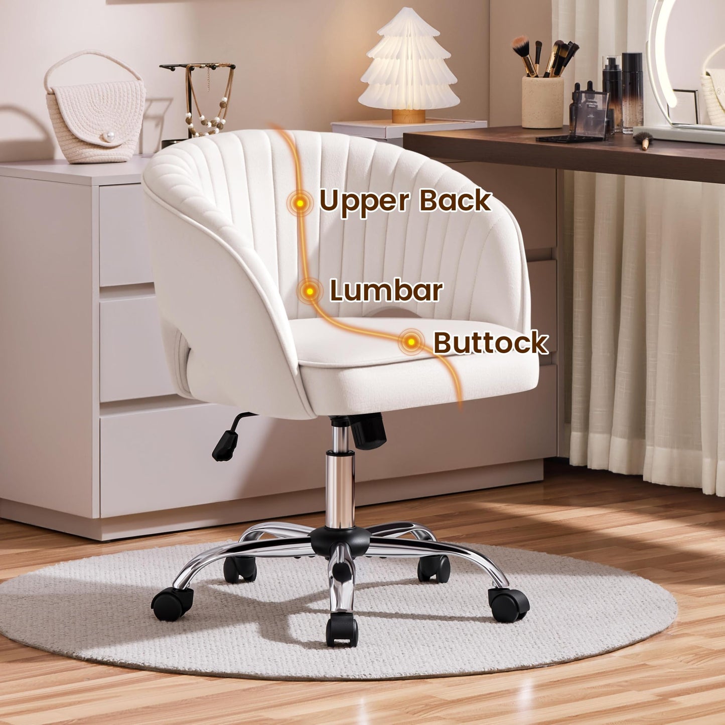 Yaheetech Cute Desk Chair Velvet Vanity Chair with Wheels Home Office Upholstered Modern Swivel Armchair with Tufted Barrel Back for Study, Vanity, Bedroom Cream