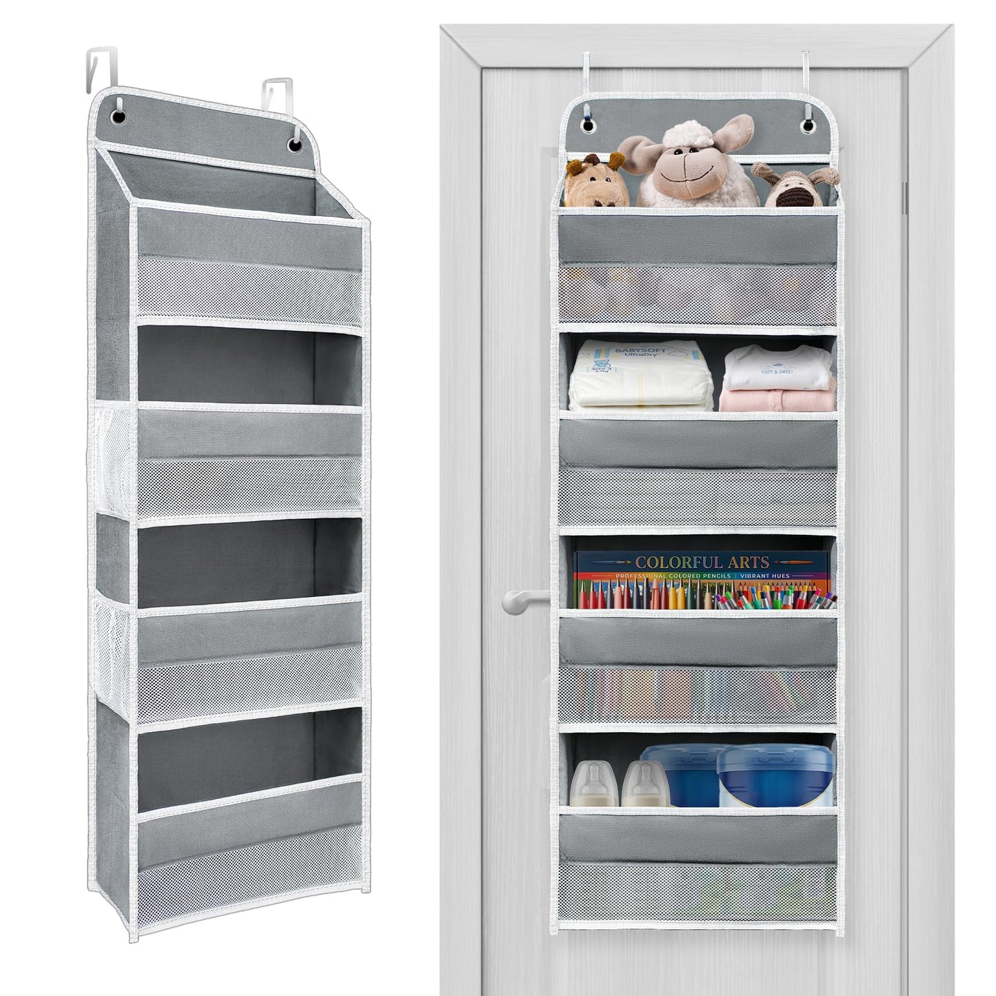 Over The Door Organizer with LifetimeWarranty, 4 Shelves & 4 Side Pockets, Large Storage Rack Holds 44lb, Heavy-Duty Reinforced Mesh Shelf for Bathroom, Closet, Toy Organization, Shoes, Towels, Grey