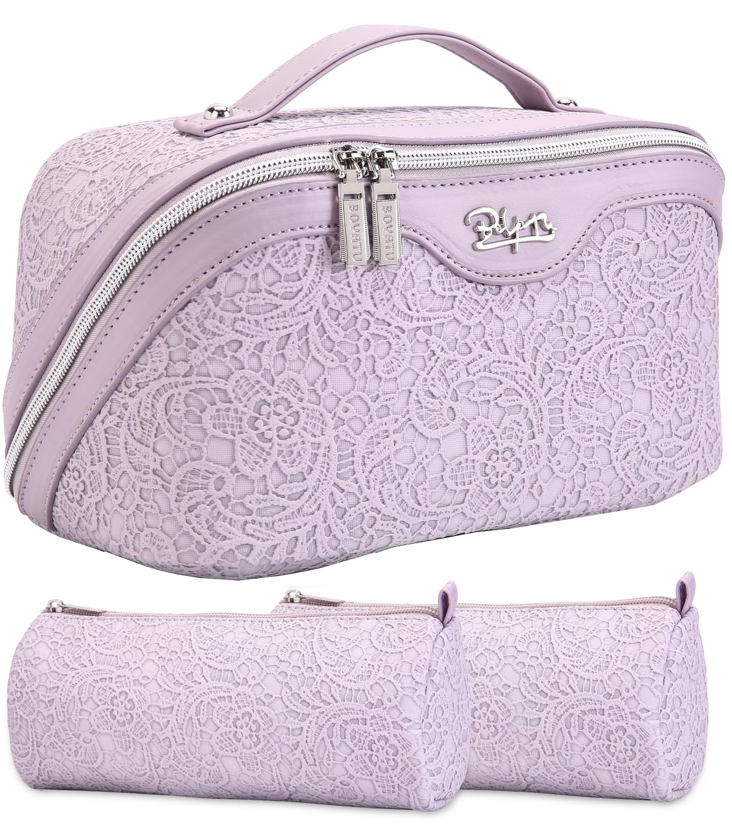 BOYATU Travel Makeup Bags Cosmetic Organizer Bag: 3-Set Large Capacity Make up Bag - PU Leather Toiletry Bags for Women - Wide Open Portable Pouch with Divider & Handle (A-Violet)
