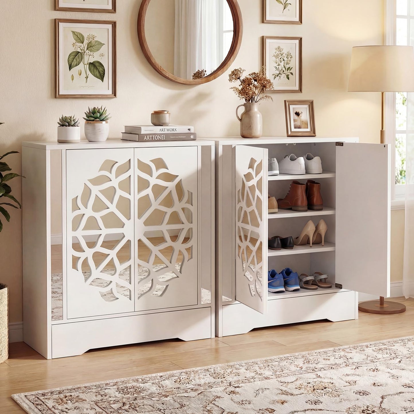 Giantex Shoe Cabinet with Drawer, 6-Tier Shoe Organizer Cabinet with Mirrored Doors, Removable Shelves & Floral Patterns, Shoe Storage Cabinet for Entryway, Hallway, Foyer, Living Room, White