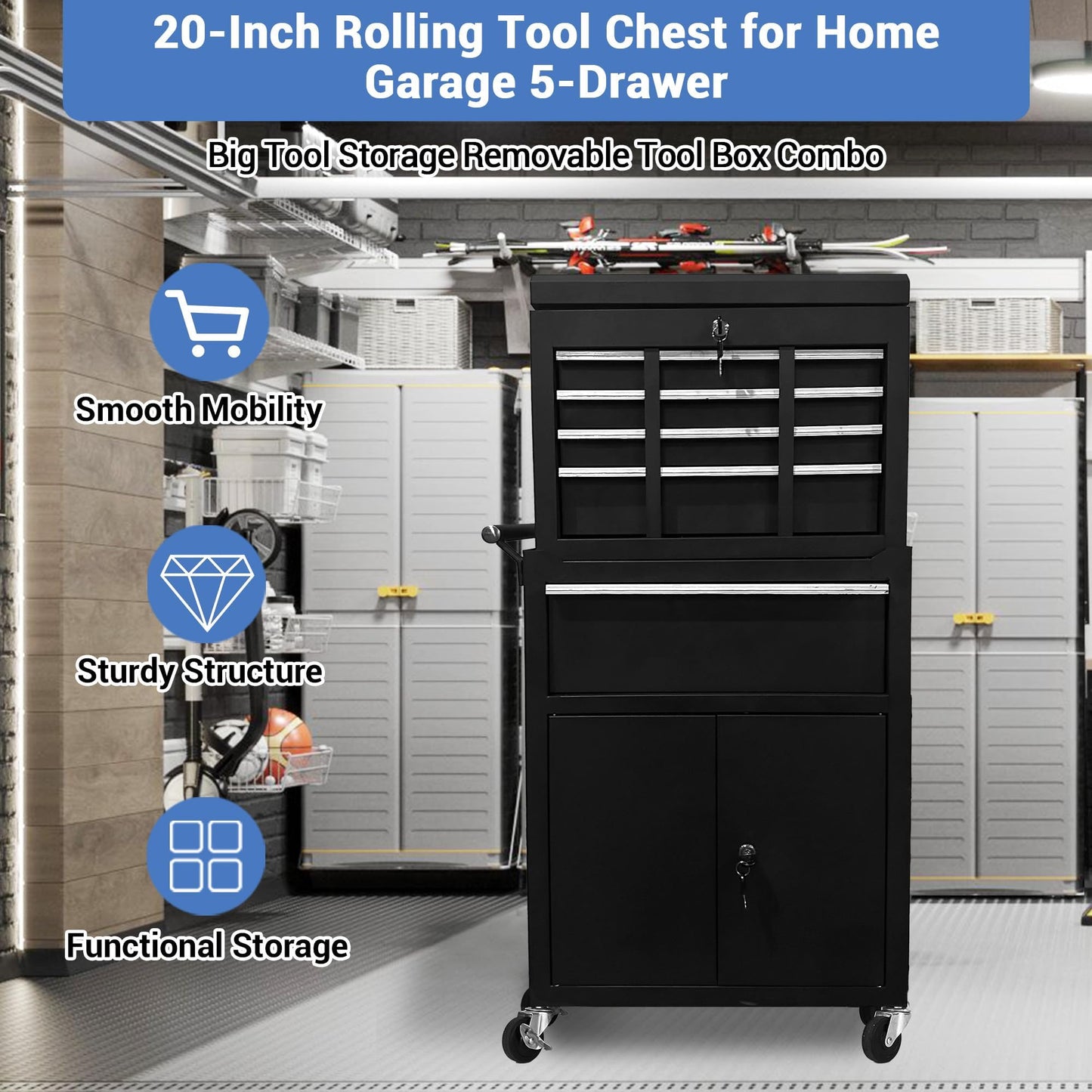 EliteEdge Professional Workstation Version 20" 5-Drawer Rolling Tool Chest - Lockable Storage Cabinet with Wheels for Workshop & Garage Organization