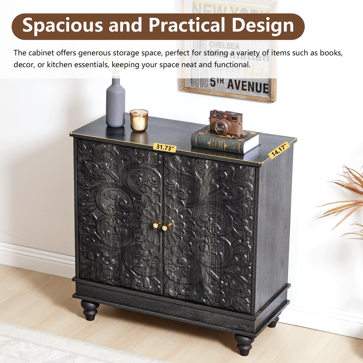weselon Accent Cabinet Set of 2, Classic Carved Buffet Cabinet Storage Sideboard with Adjustable Shelves, Entryway Table for Living Room (Antique Black-Brown)