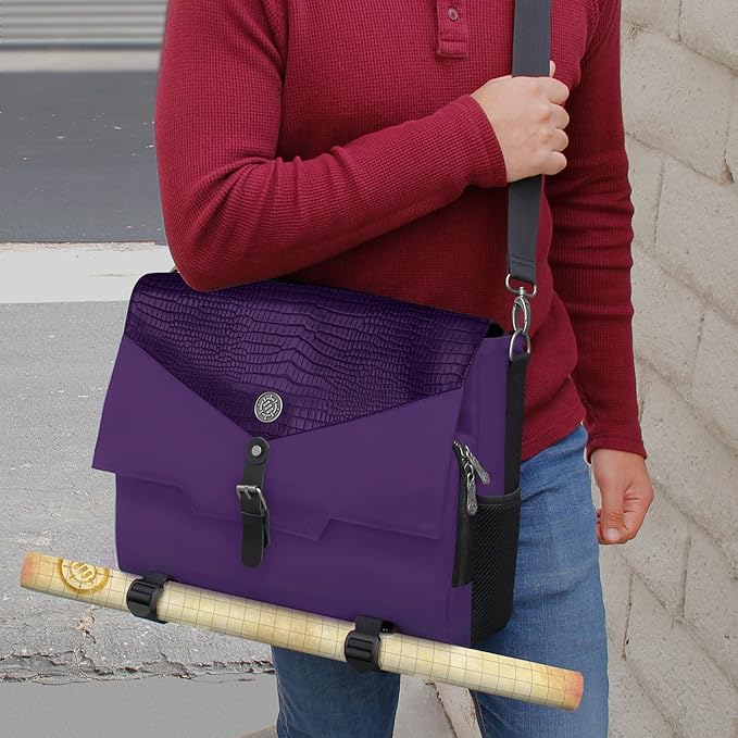 ENHANCE Collector's Edition RPG Player's Essentials DnD Bag - Dragon Hide Exterior Messenger Bag Fits 2-4 Books, Binders, Dice & Accessories, with 17 inch Laptop Slot, Battlemap Straps (Dragon Purple)