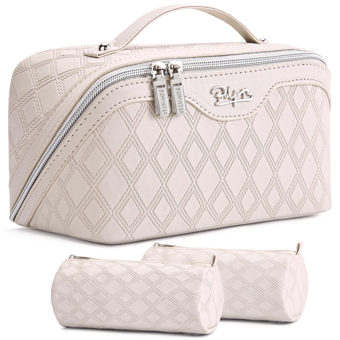 BOYATU Travel Makeup Bag for Women: Large Capacity 3-Piece Quilted Cosmetic & Toiletry Organizer - 2 Detachable Pouches Expand Storage by 50%, Open Flat for Easy Packing, Waterproof PU Leather(Beige)