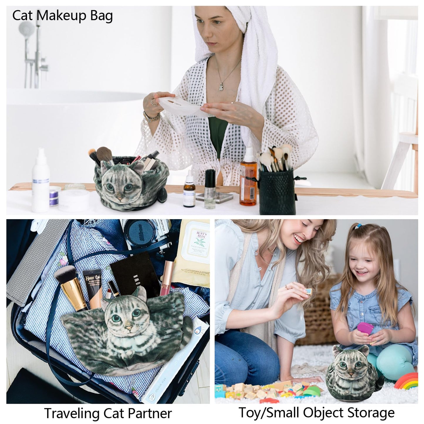 Openhahaha 2-Pack(Black Cat and Grey Tabby Cat),Drawstring Makeup Bag,Cat Makeup Bag Cat Gift for Women, Lay Flat Makeup Bag Gifts for Cat Lovers