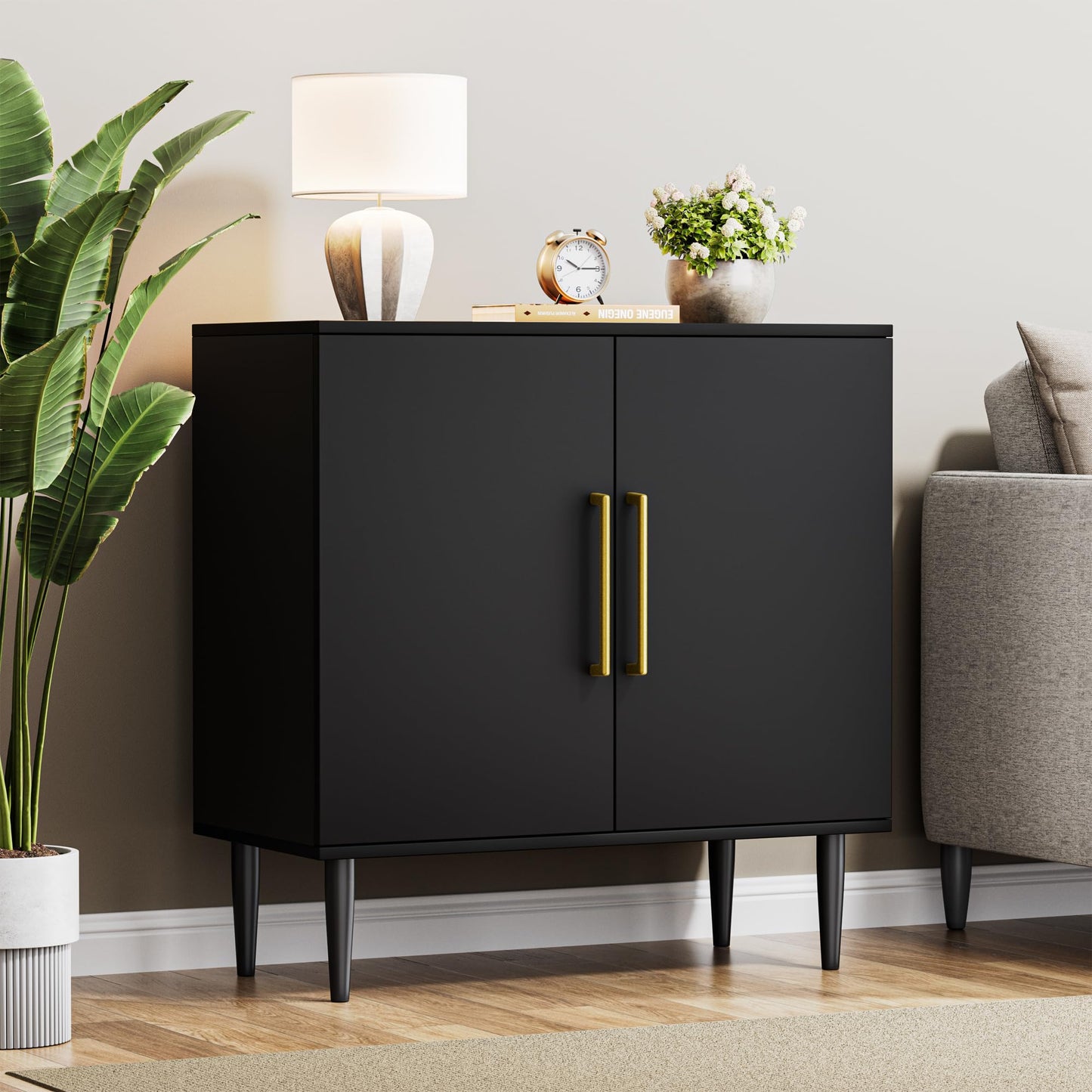 Fkhouse Black Buffet Cabinet, Free Standing Sideboard with Storage, Wood Accent Cabinet with Doors,Modern Credenza, Sideboard Storage Cabinet for Living Room, Dining Room(1, Black & Gold)