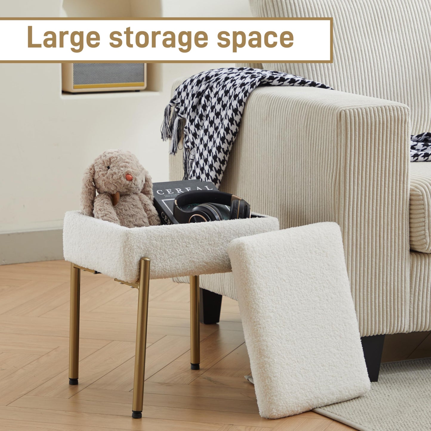 Vanity Stool Chair, Small Ottoman Stool with Storage, Makeup Vanity Chair with Anti-Slip Feet, Footstool Ottoman with Metal Legs, Storage Chairs for Makeup Room, Bedroom, Living Room (White+Gold)