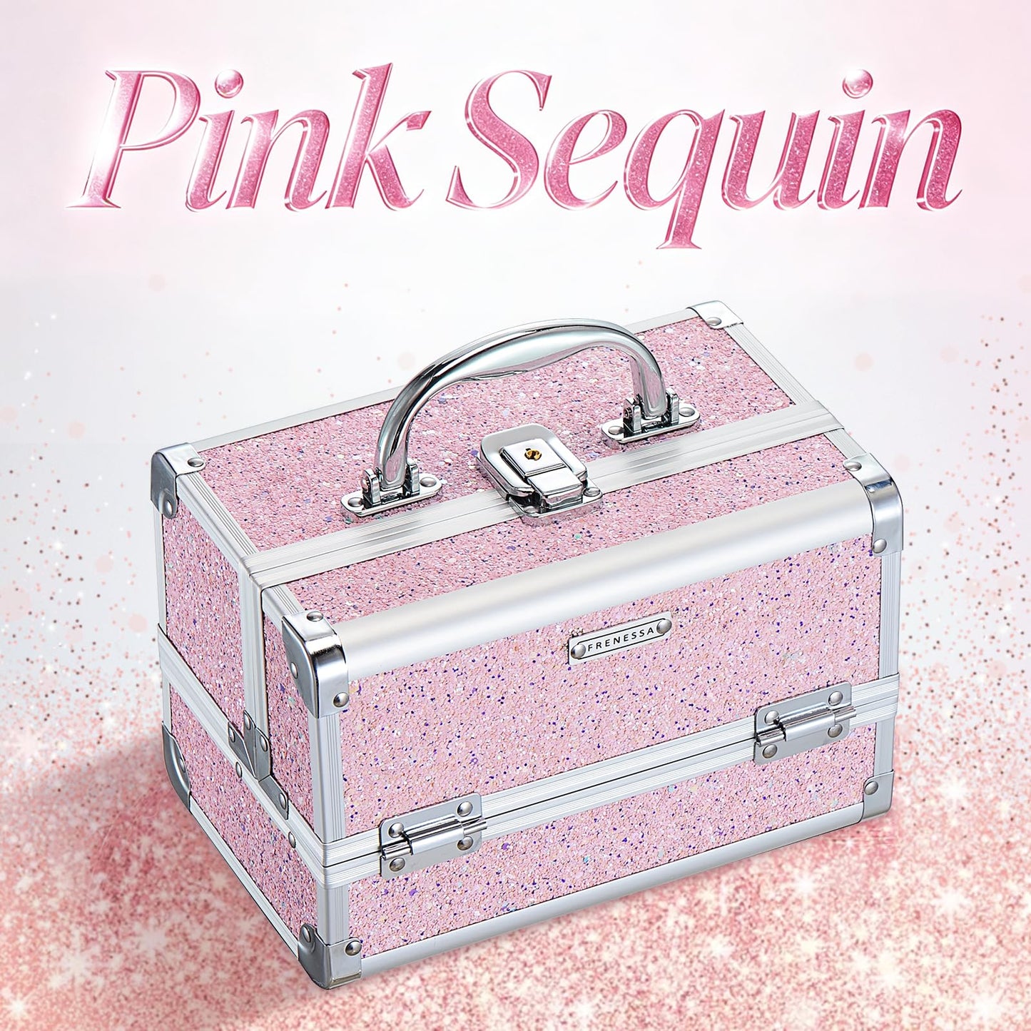 FRENESSA Makeup Case Organizer Portable Makeup Train Case Cosmetic Box with Mirror Jewerly Tray for Girls Nail Supplies Make Up Cases Organizers and Storage Kids Craft Case Pink