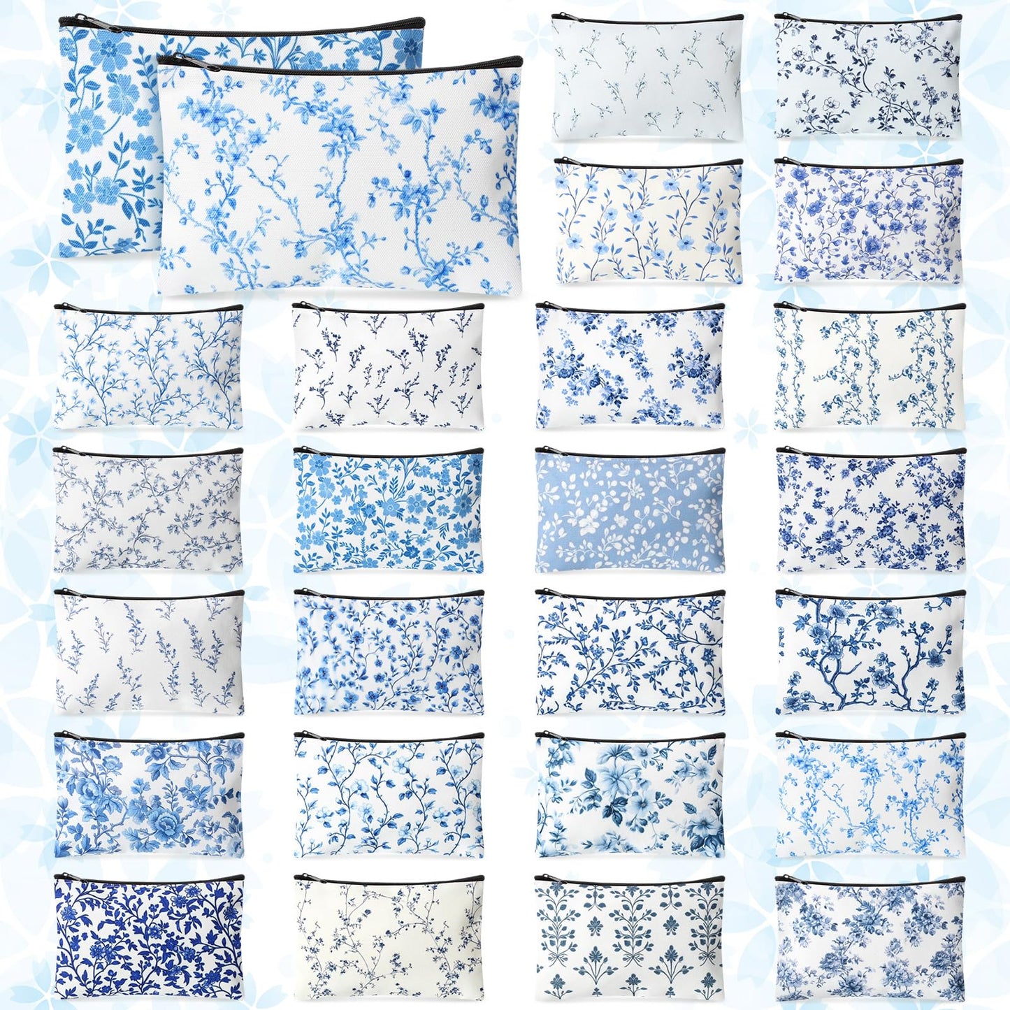 Shinylin 24 Pcs Blue and White Floral Canvas Makeup Bag Bulk Double Sided Printed Blue Wildflower Cosmetic Bags with Zipper Chinoiserie Canvas Travel Toiletry Pouch for Women Bridesmaids Bridal Shower
