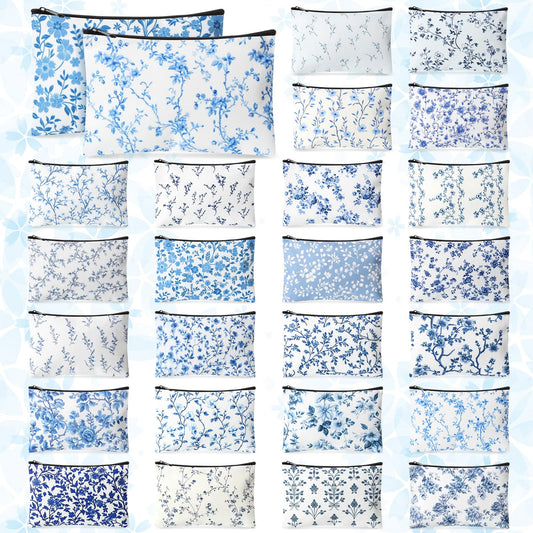 Shinylin 24 Pcs Blue and White Floral Canvas Makeup Bag Bulk Double Sided Printed Blue Wildflower Cosmetic Bags with Zipper Chinoiserie Canvas Travel Toiletry Pouch for Women Bridesmaids Bridal Shower