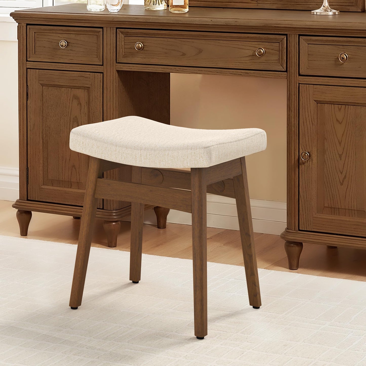 LUE BONA Solid Wood Vanity Bench Stool, 17.3" H Ergonomic Saddle Stool, 2'' Sick Upholstered Vanity Chair for Makeup Room, Bedroom & Bathroom, 300lbs, Linen