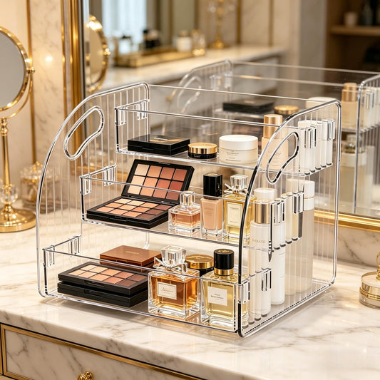 CozyWeave 3-Tier Wide Acrylic Display Stand Transparent Acrylic Display Shelf Organizer Makeup Rack for Cosmetics,Nail Polish,Perfume,Cupcakes, and Candy; Vanity Display Cabinet