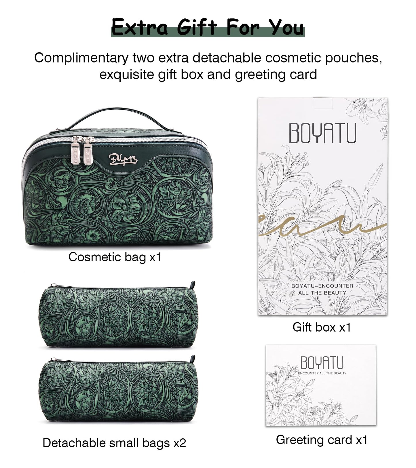 BOYATU Travel Makeup Bags Cosmetic Organizer Bag: 3 Pcs Set Large Capacity Floral Make up Bag with Compartments - Waterproof Leather Toiletry Bags with Handle for Women (18-Green)