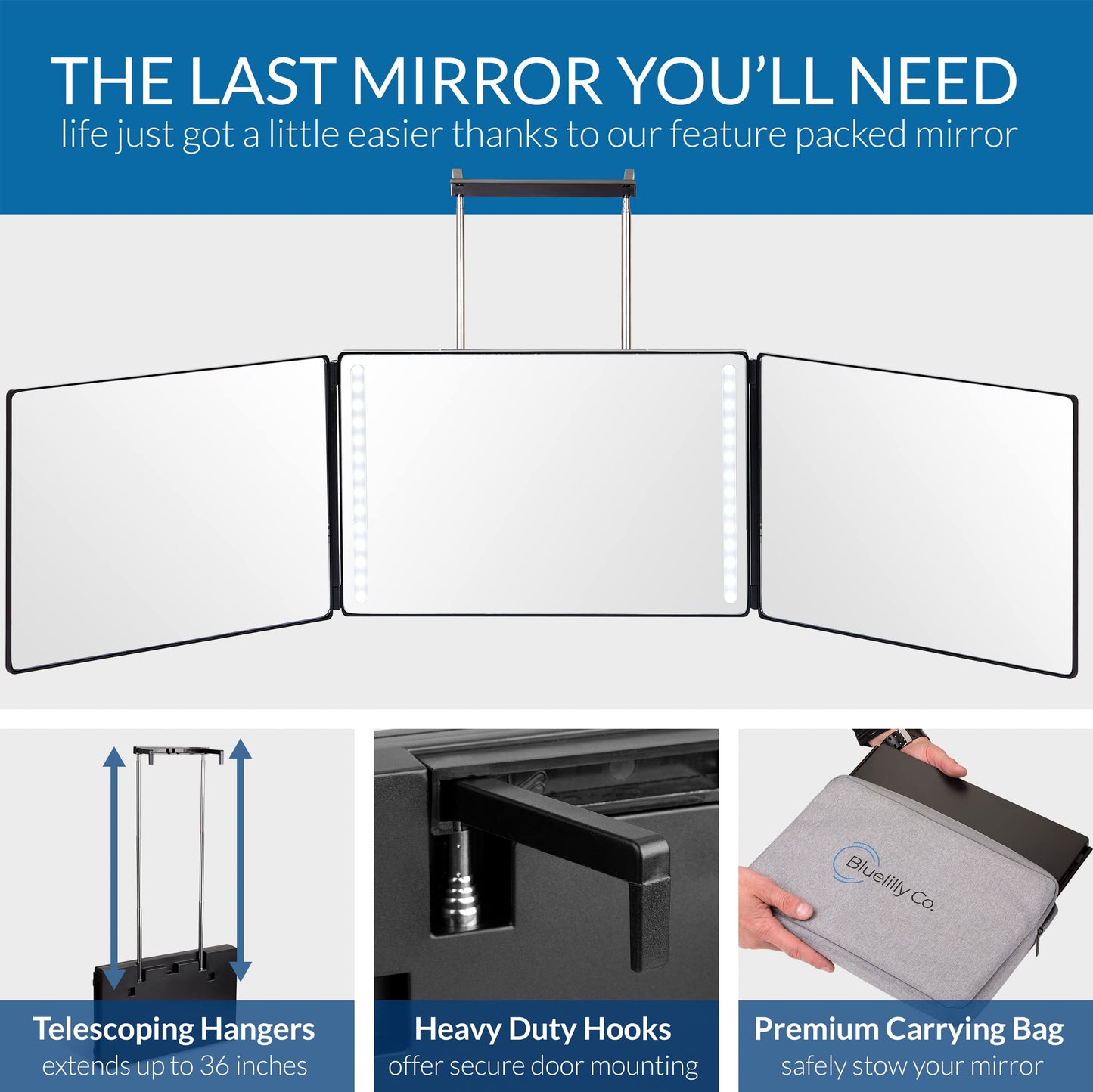 Bluelilly Co. 3 Way Mirror, Three Way Mirror for Braiding Hair & Hair Styling, LED Mirror, 360 View