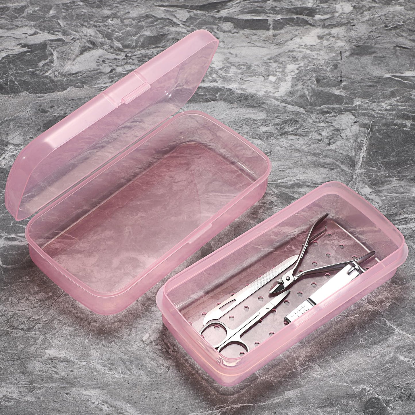 JUXYES Plastic Sterilizing Tray for Nail Art Accessories Tools, Portable Nail Art Tool Sterilizer Tray with Strainer, Fully Transparent Storage Box Organizer for Tweezer, Manicure Tools