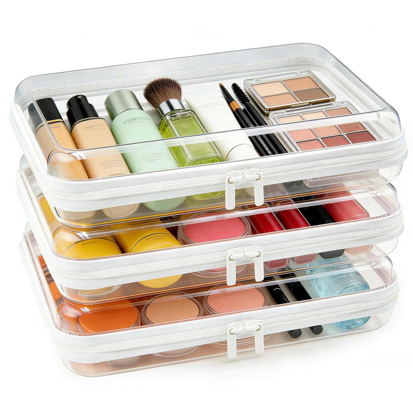 Travel Makeup Organizer 3 Pack, Clear Hard Shell Cosmetic Case with Zipper, Transparent Toiletry Storage for Women
