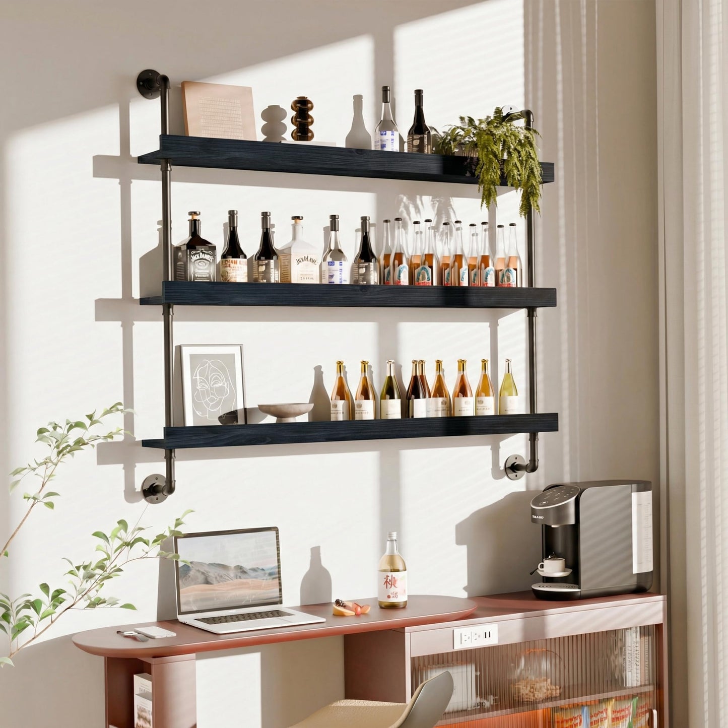 Anynice Industrial Wine Rack Wall Mounted, Solid Wood Shelf with Metal Pipe Brackets, 3-Tier Rustic Hanging Organizer for Wine Bottle Storage in Kitchen, Bar, Pub, Cellar(Black, 48 Inch)