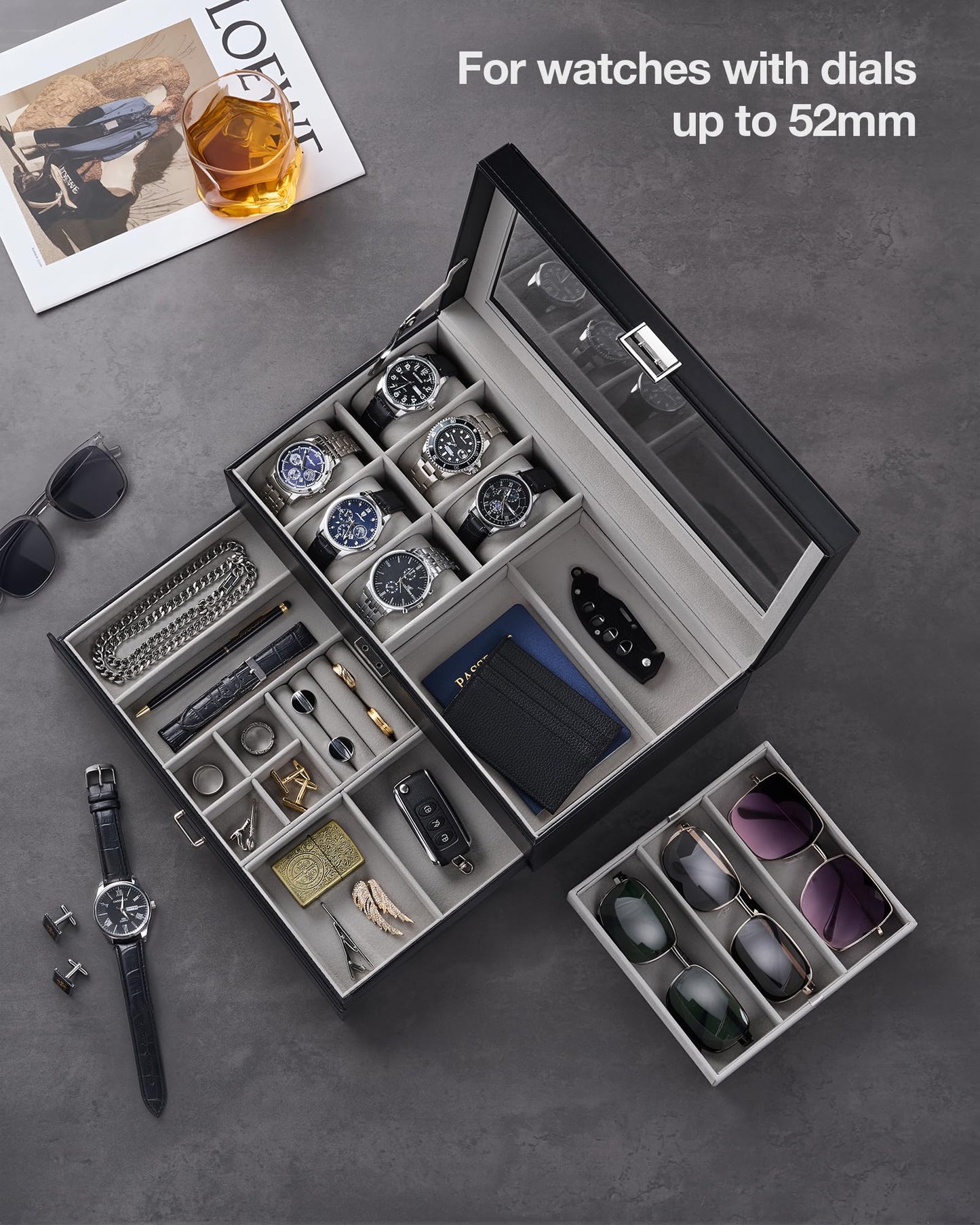 ProCase Mens Jewelry Box, Lockable 6 Slot Watch Case & 3 Slot Sunglasses Organizer, 2-layer Mens Jewelry Organizer Watch Box for Men, Watches Holder Display Storage, Fathers Day Gift -Black