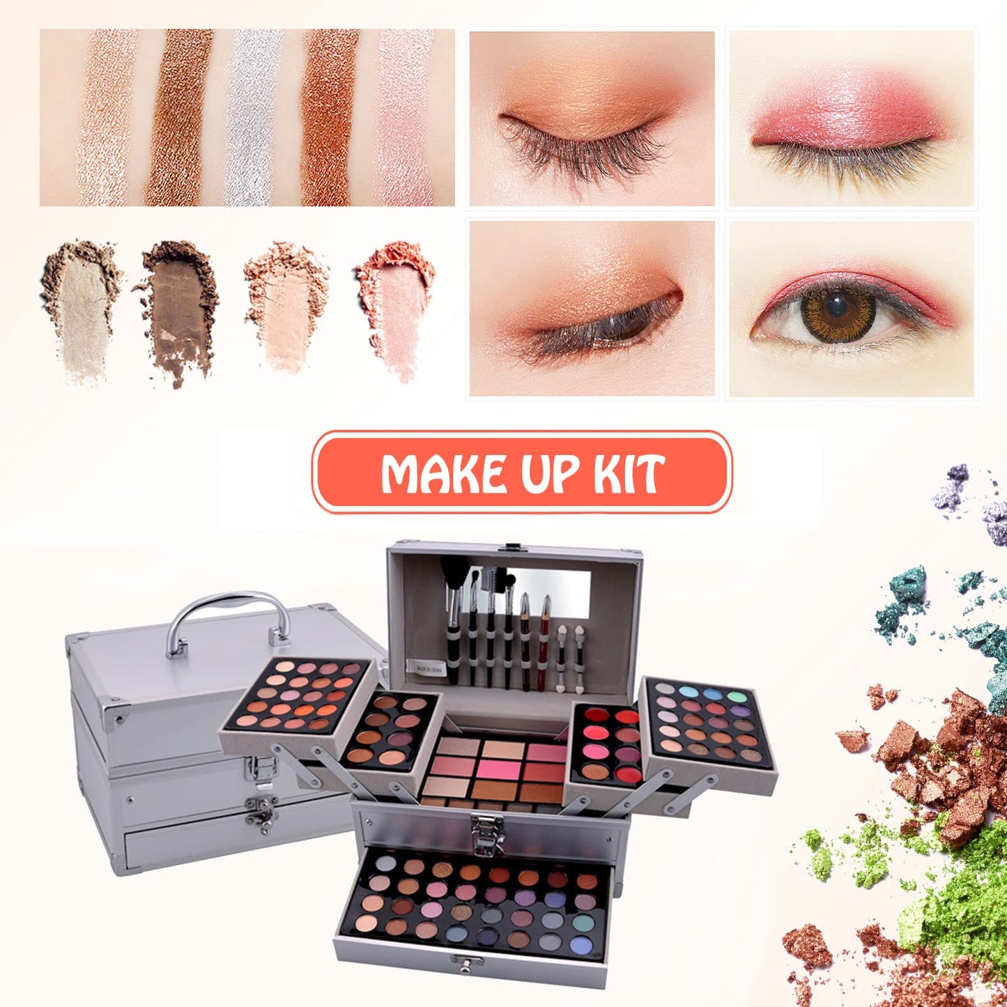 JasCherry All-in-One Make-up Box Set Multi-purpose Cosmetic Storage Beauty Case Professional Contain Eyeshadow Blusher Lip Gloss Cream Brow Powder Highlight and Makeup Pencil Brush #1