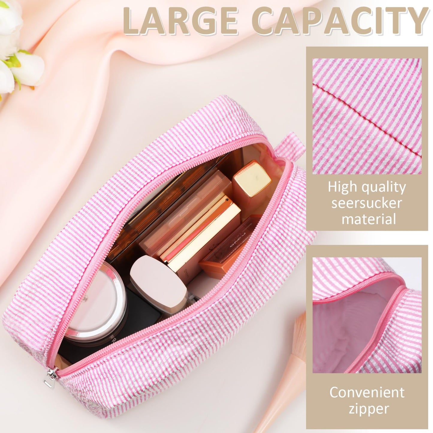 Sanwuta 3 Pcs Seersucker Makeup Bags Seersucker Cosmetic Bags Striped Women Large Travel Toiletry Organizer Preppy Storage Pouch for Embroidery Wedding Bridesmaid Gifts(Pink, Light Blue, Purple)