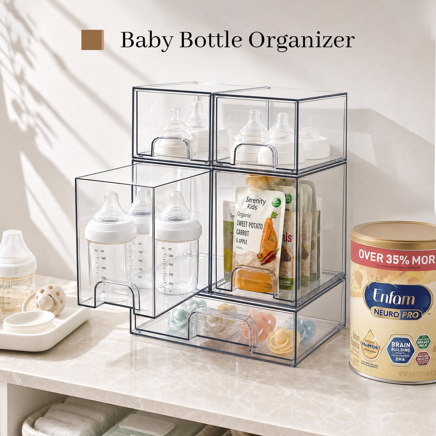 TIPGO Bottle Storage Organizer Baby - Acrylic Bottles Station Organizer Container, Stackable Clear Drawers for Makeup Countertop, Vanity, Bathroom and Cabinet