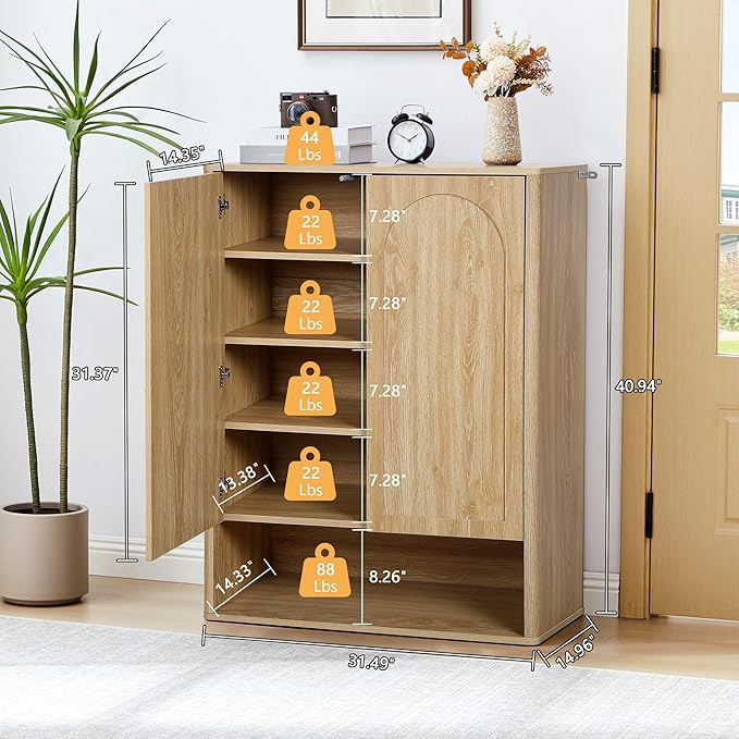 40.94'' Tall and Large Shoe Storage Cabinet with Doors and Adjustable Shelves, 5-Tier Modern Shoe Rack Cabinet Storage for Entryway, Entrance, Hallway, Living Room - Natural