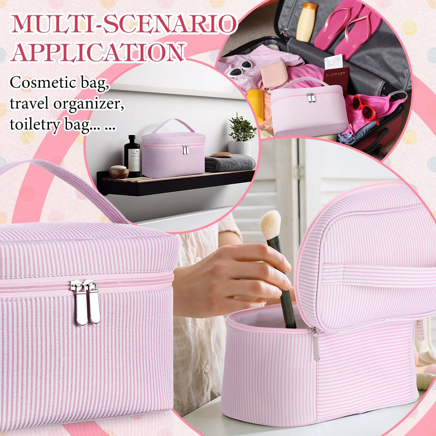 Huhumy Large Makeup Bag for Women Toiletry Bag, Aesthetic Cute Seersucker Cosmetic Pouch, Teen Gift for Her Mom Girlfriend Wife Teacher Aesthetic Skincare Brushes Storage Organizer(Pink)