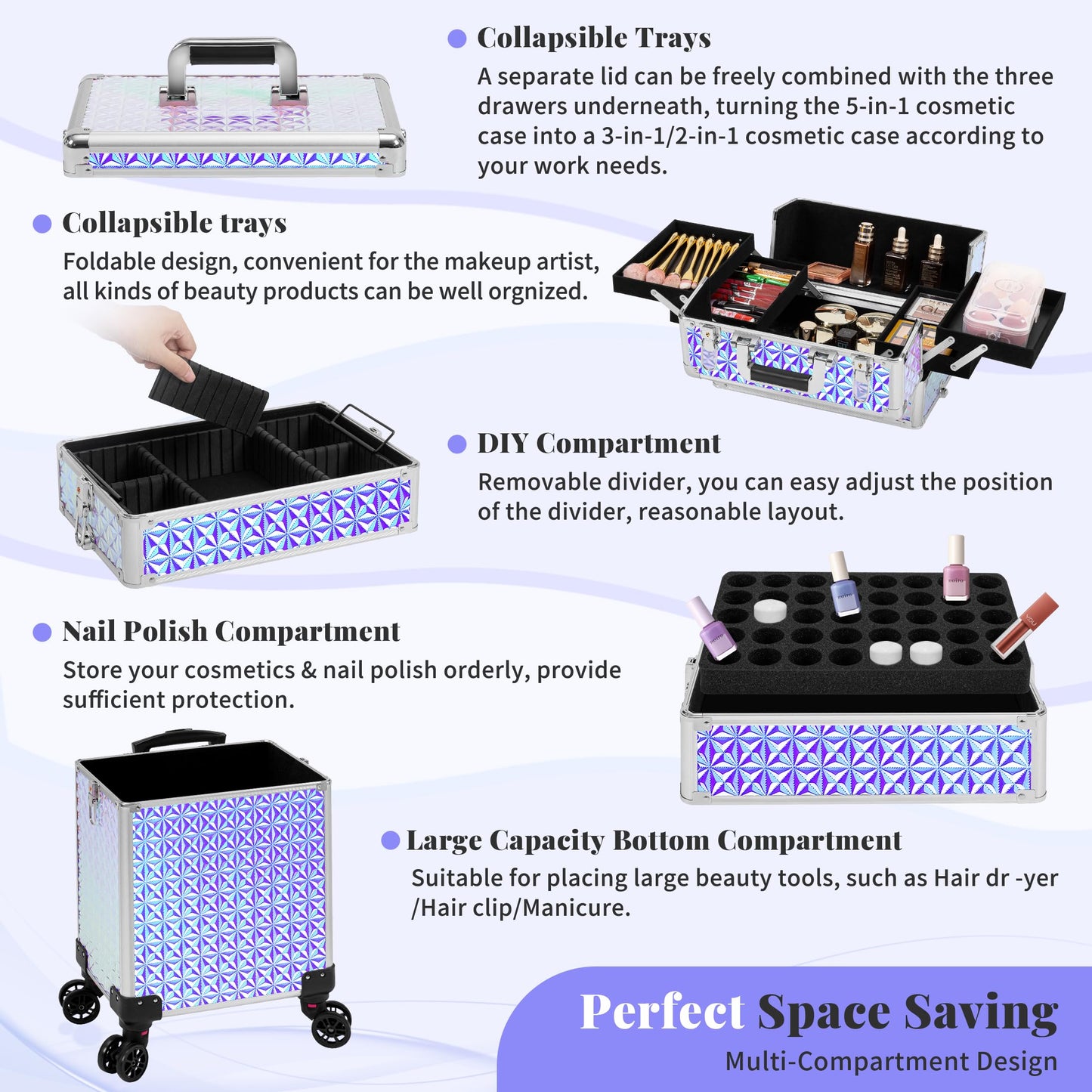 AROUS 5 in 1 Rolling Makeup Train Case Cosmetology Case on Wheels Large Cosmetic Organizer Travel Cart for Hairstylist Artist Nail Beauty Salon Barber,Silver