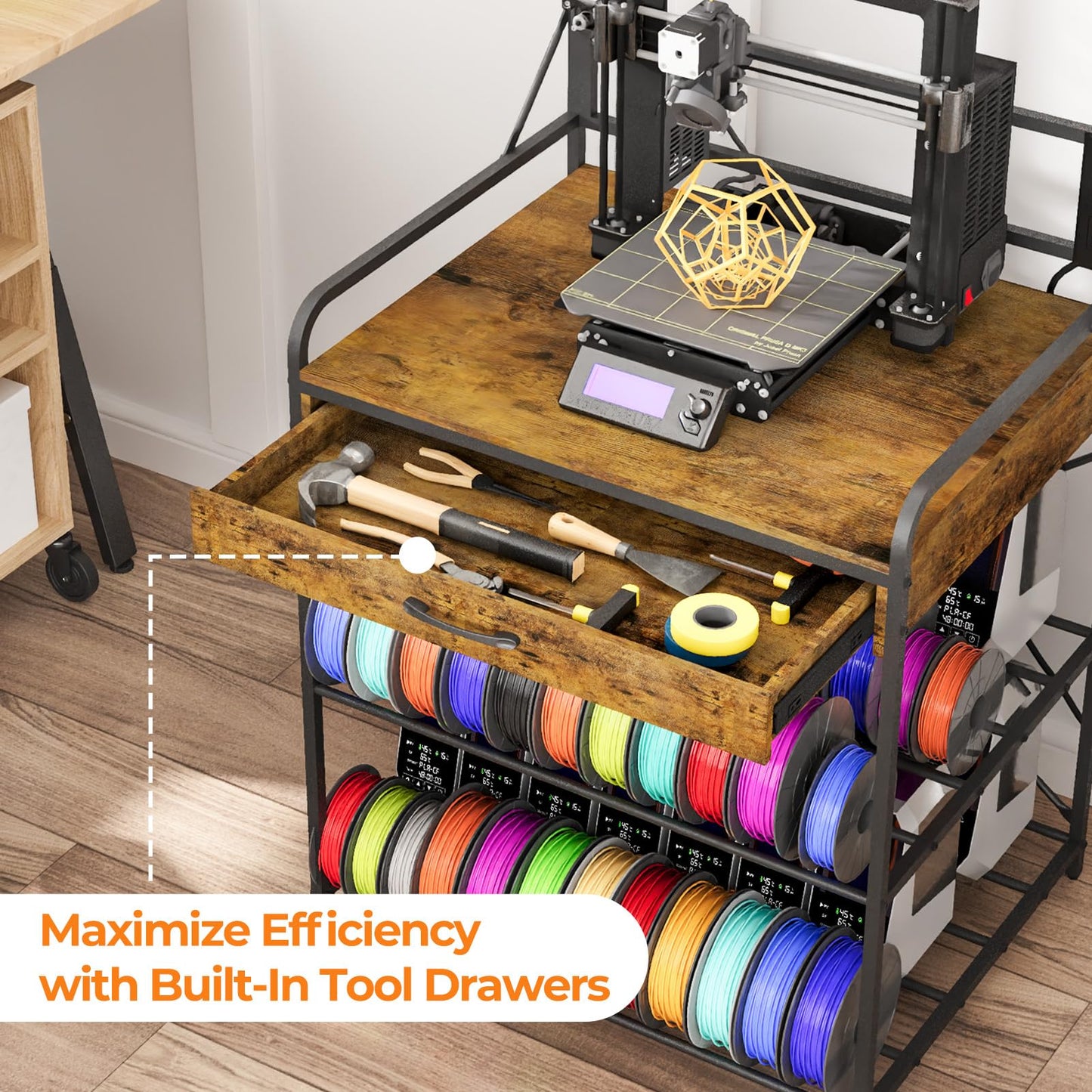 Anrigeail 3D Printer Stand with Power Hub and Top Storage Shelf – Heavy Duty X-Bracket Stability, 3-Tier Storage & Tool Organizer for Workshop and Office