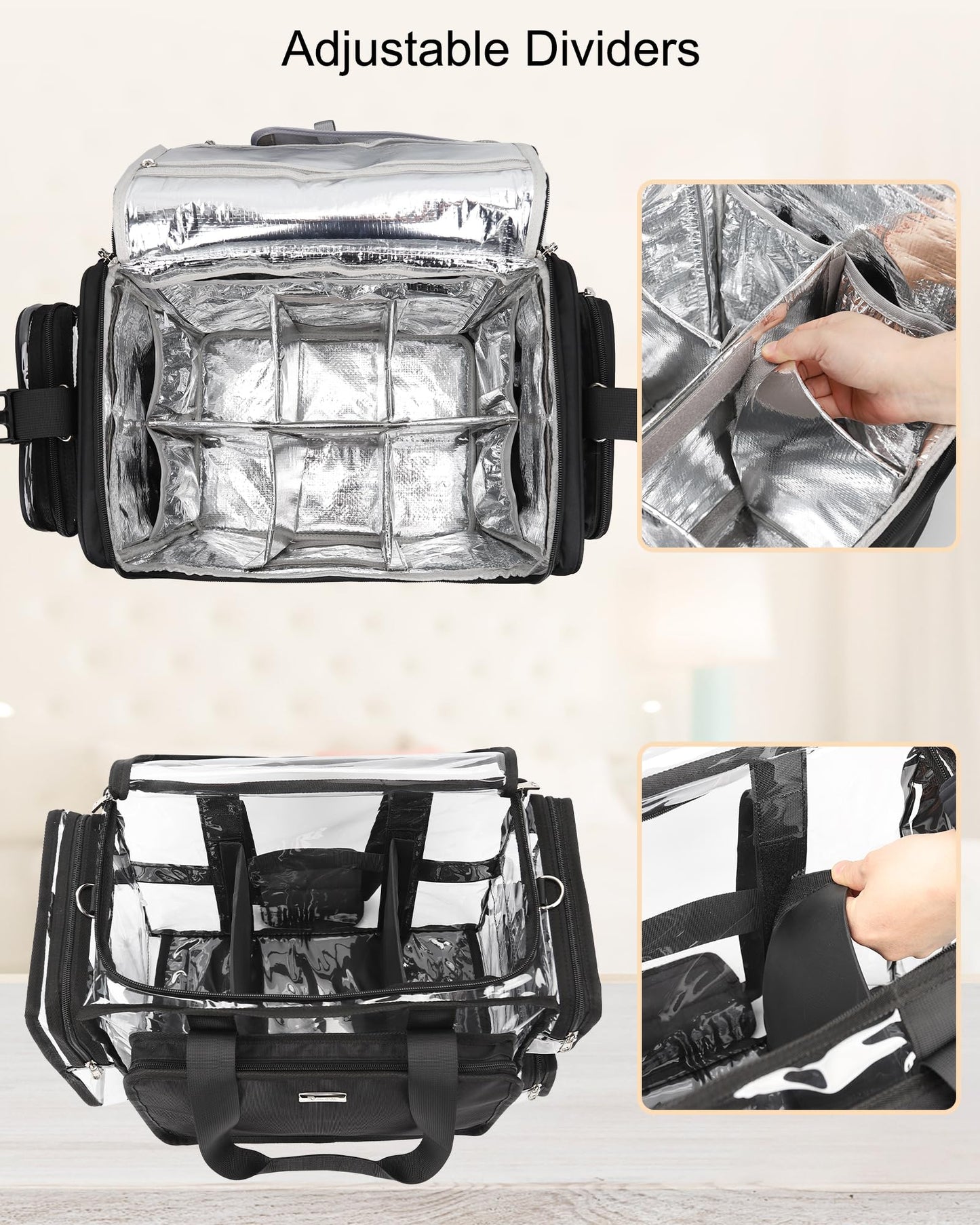 Relavel Rolling Makeup Train Case with Large Clear Makeup Bag, Hairstylist Traveling Bag with 4 Wheels, Cosmetic Storage Organizer Hair Stylist Travelling Bag with Adjustable Dividers & Shoulder Strap