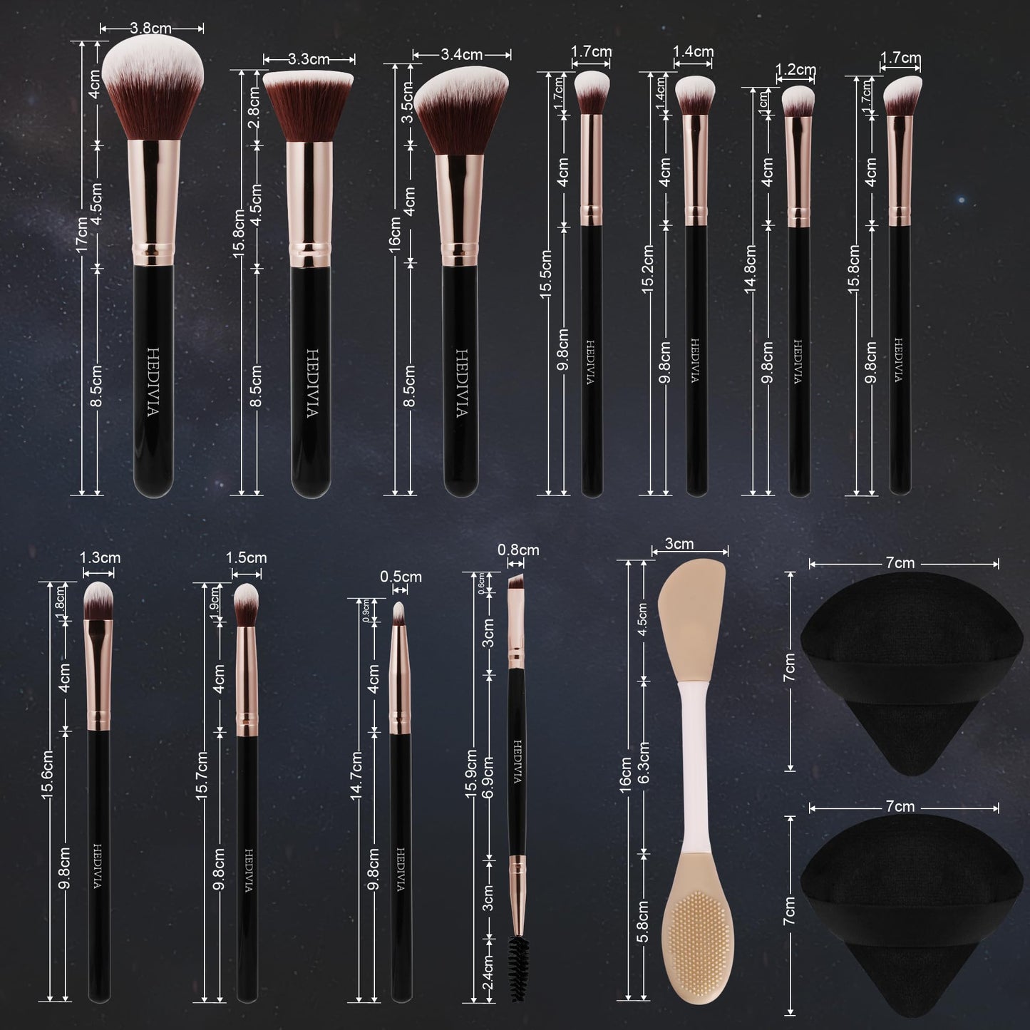 HEDIVIA Black Makeup Brushes Set 14 Pcs Professional, Premium Synthetic Foundation Makeup Brush Concealer Powder Blush Eyeshadow Brushes with 2 Powder Puff & Dual-ended Mask Applicator.Gifts for Girls