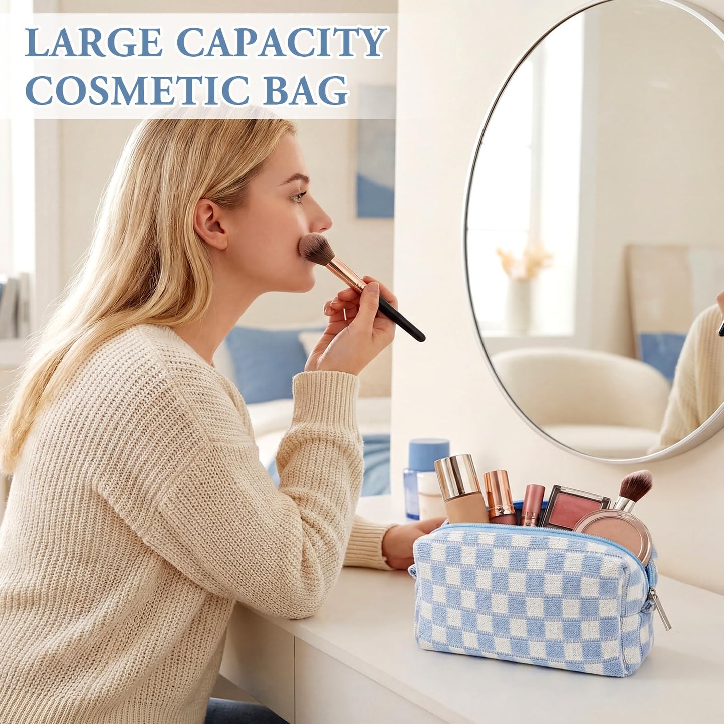 Gilprop 8 Pcs Checkered Makeup Bag for Purse Small Cosmetic Pouch Bulk Portable Zipper Makeup Pouch Travel Toiletry Organizer Gifts for Women Bridesmaid Wedding Party Favors (Blue)