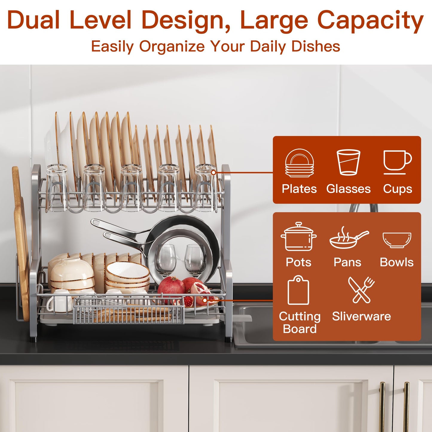 BOOSINY 2 Tier Dish Drainer Drying Rack for Kitchen Counter, Large Stainless Steel Dish Dryer with Drainboard, Big Rustproof Metal Space Saving Countertop Plate Strainer with Utensil Holder, Sliver
