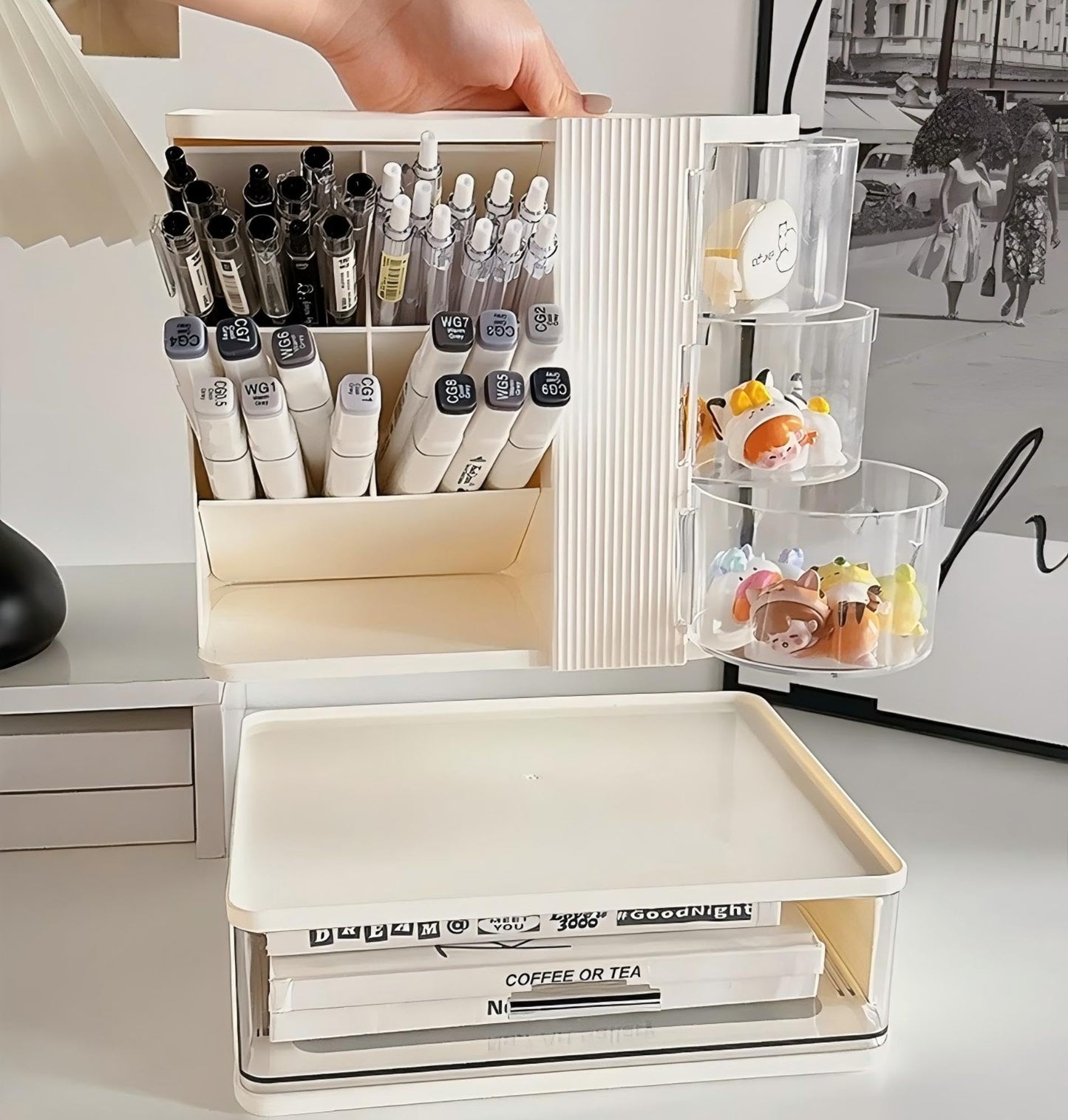 AevumTech Makeup Organizer with 3 Rotating & Dustproof Drawers, Large Capacity Cosmetic Storage Box with Makeup Brush Holder, Make up Organizers for Vanity, Dresser, Bathroom (White)