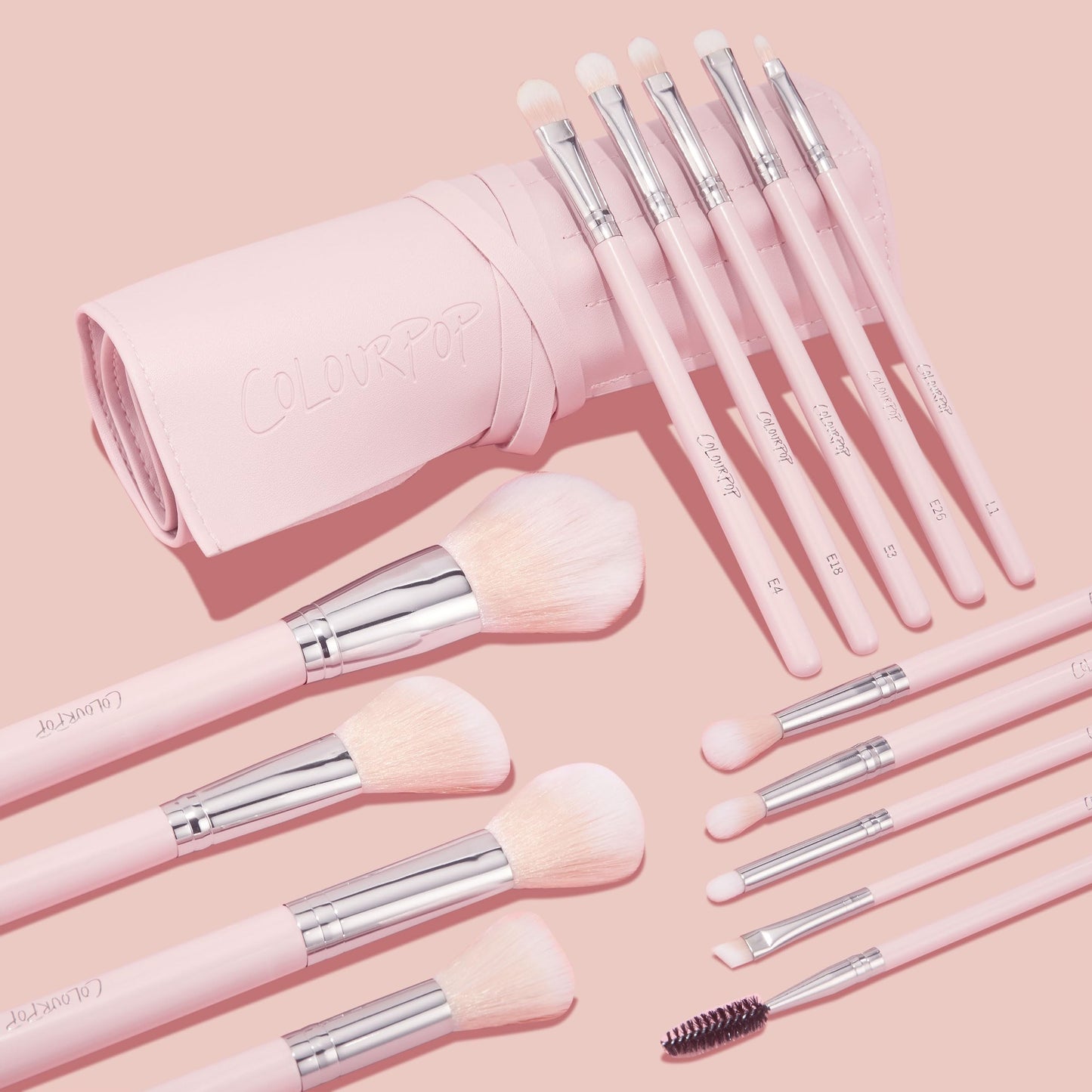 ColourPop Smoke 'N Roses Brush Roll Face & Eye Brush Set - Face & Eye Makeup Brush Set - Made with Luxe Synthetic Vegan Bristles - Includes Holder (14 Count)