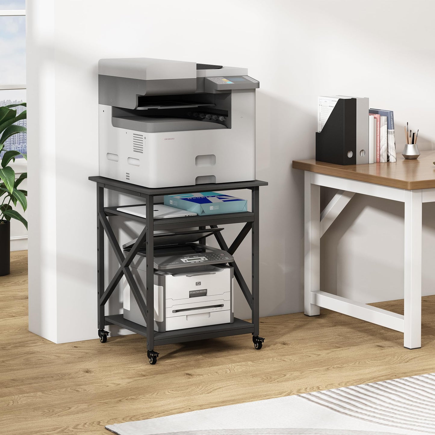 Fannova 23.6 x 23.6 Inches Large Printer Stand, Square Printer Table with Height Adjustable Storage Shelf, Rolling Printer Cart with Industrial Wheels for Home Office - Black