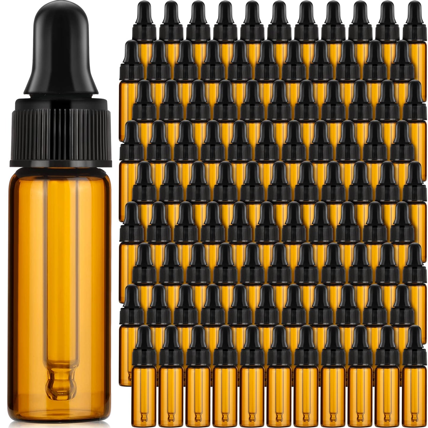 Bokon 100 Pcs Glass Dropping Bottles Mini Essential Oil Dropper Bottles Empty Sample Vials with Black Cap Tiny Storage Jars with Dropper for Perfumes Cosmetic Liquid Aromatherapy Lab (Amber,5 ml)